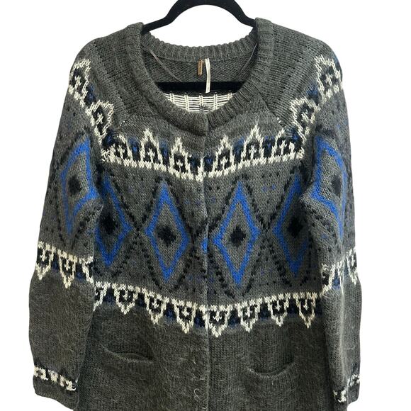 Free People Mohair Blend Long Cardigan Snap Closure Blue Gray Size Large - Picture 2 of 9